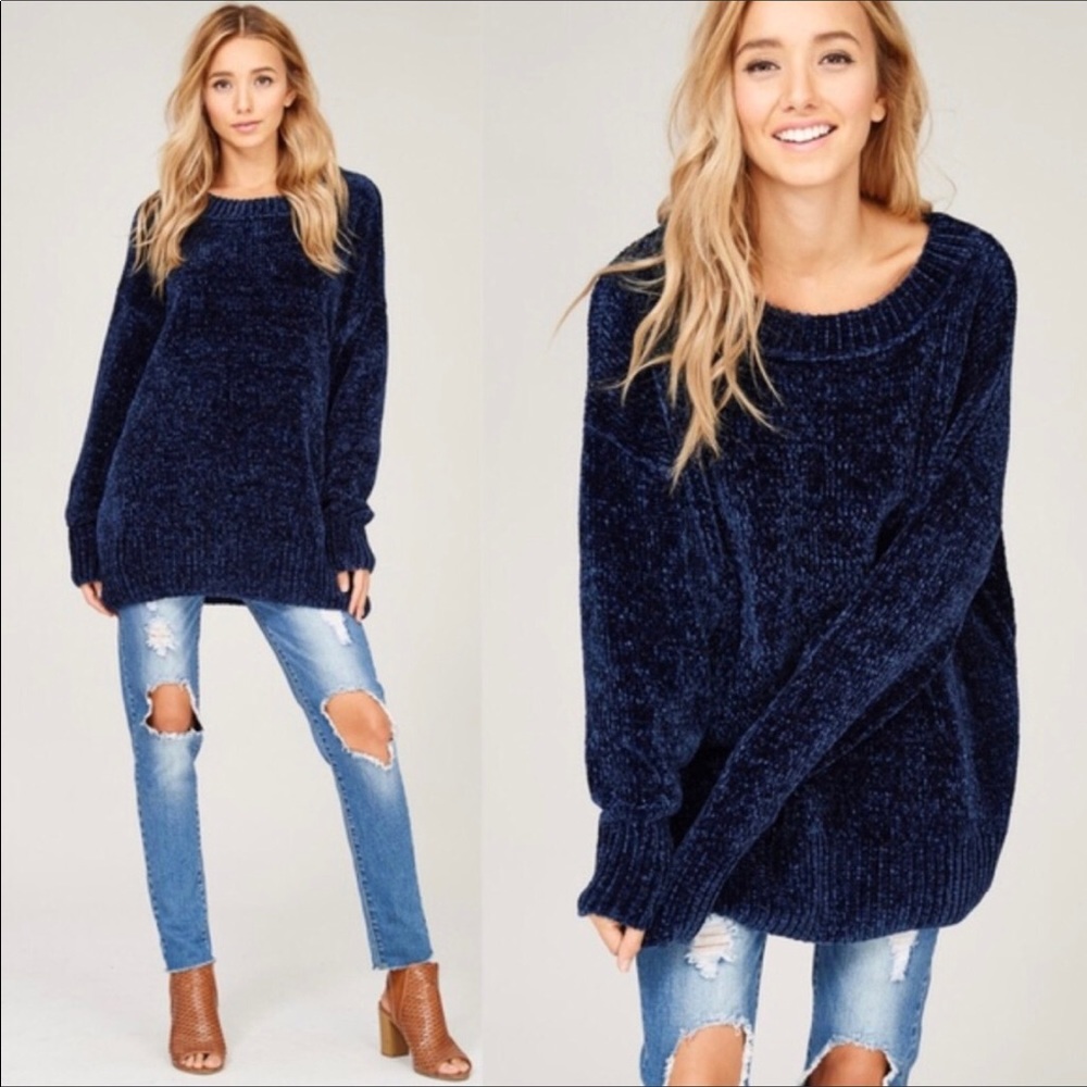 Chenille Navy Blue Pull Over Sweater